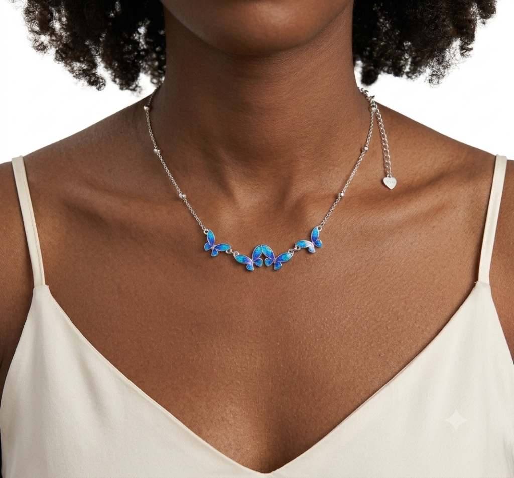 Silver & Blue Enamel Butterfly Necklace